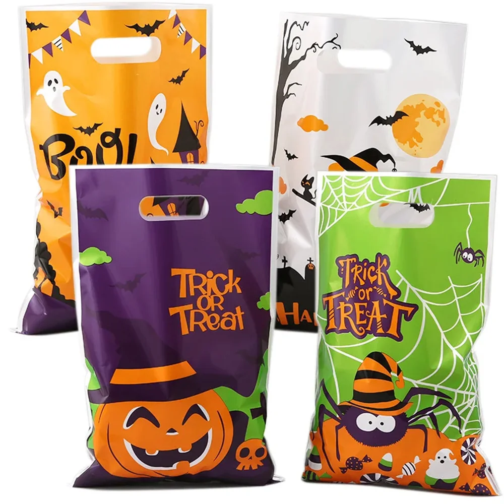 40PCS Mix Halloween Plastic Candy Gift Bags Cartoon Spider Pumpkin Witch Candy Bag Trick-or-Treat Bags Halloween Party Favors