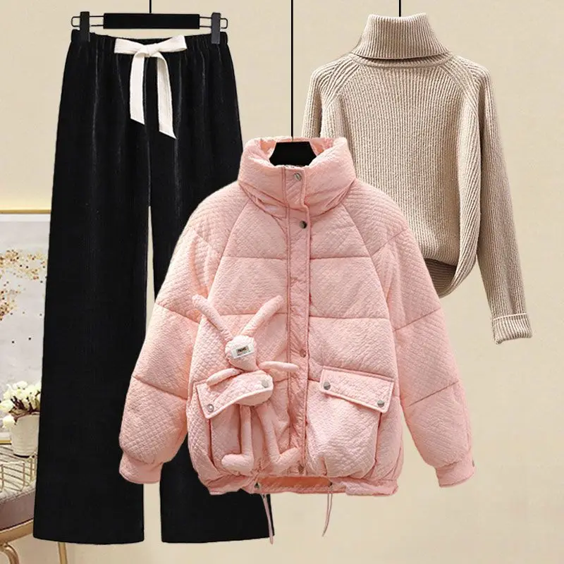 Winter Set Women\'s Korean Edition Wearing Cute Little Rabbit Pink Cotton Coat Wide Leg Pants Sweater Three Piece Set pant sets