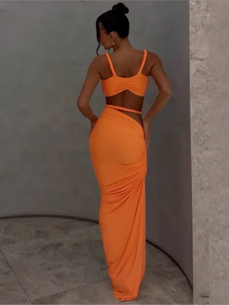 Traje de baño falda cubierta-up conjunto de 2 piezas mujeres Crop Tops y falda larga traje de baño moda sólido hueco Sexy playa cubrir trajes