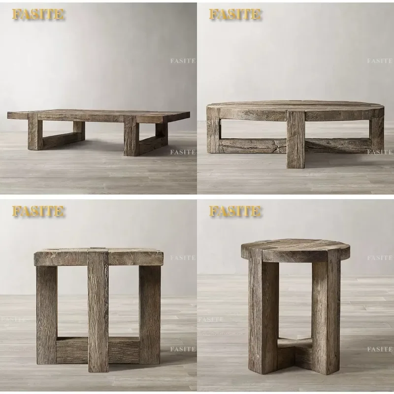 For American Rural Retro French Oak Solid Wood Round Coffee Table RH Style Wooden Edge Living Room Furniture Durable Classic