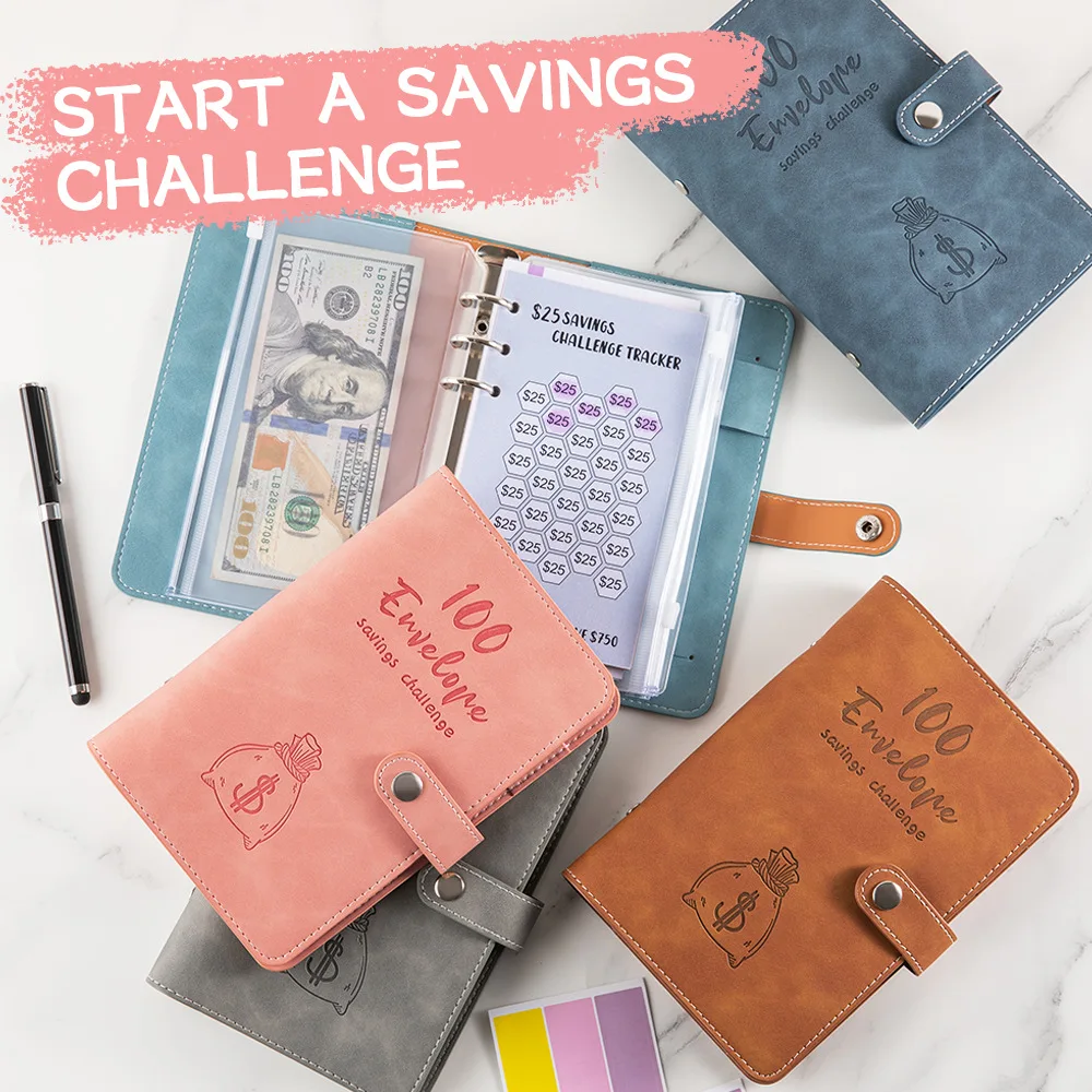 

A6 PU Money Saving Challenge with 12Sheet Saving Budget Loose-Leaf Binder Budget Binder With Cash Envelopes Money System