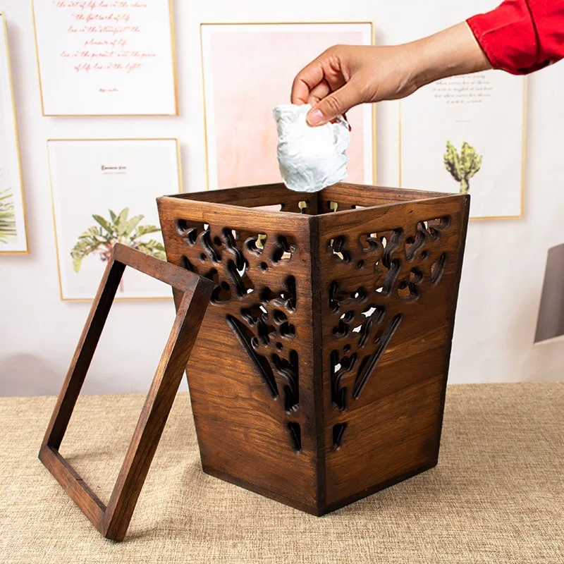 Solid Wood Vintage Trash Can Rustic New Style Creative Waste Basket for Living Room Kitchen Bathroom Home Decor Office