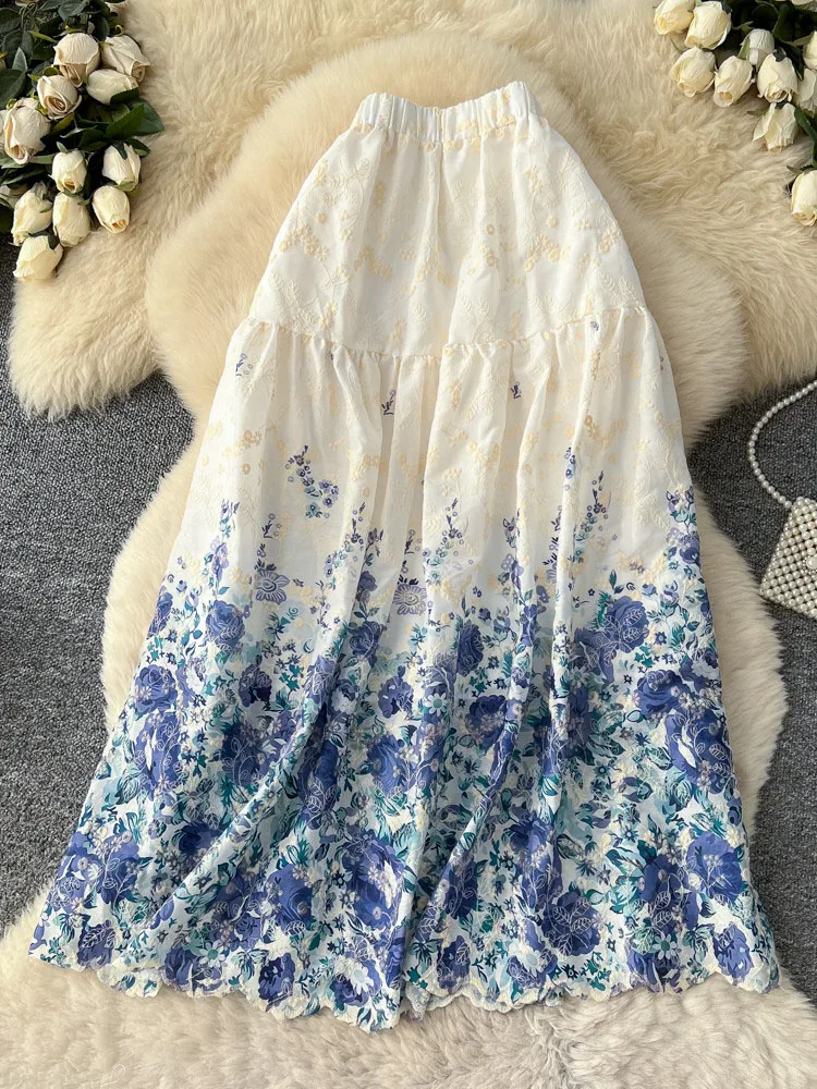 

Юбка в корейском стиле, ретро, с цветочным принтом, пэчворк, вышивка, А-силуэт, миди, с завышенной талией, летняя, для офиса, женская, Faldas, SK091