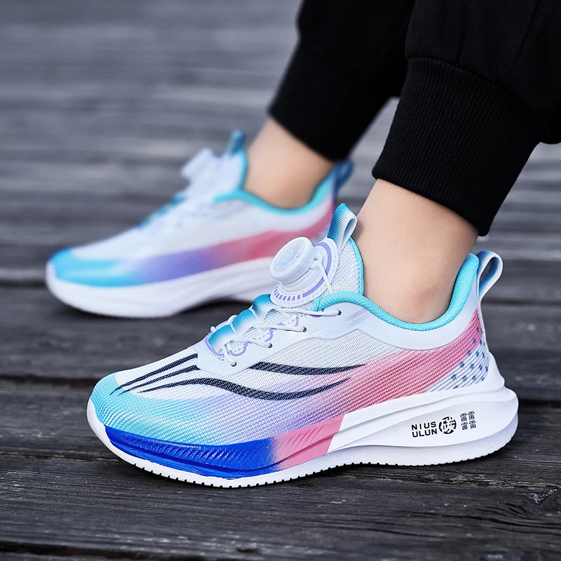 

New student net sports shoes Boys breathable casual shoes Children's rotary buckle soft sole wear-resistant running shoes