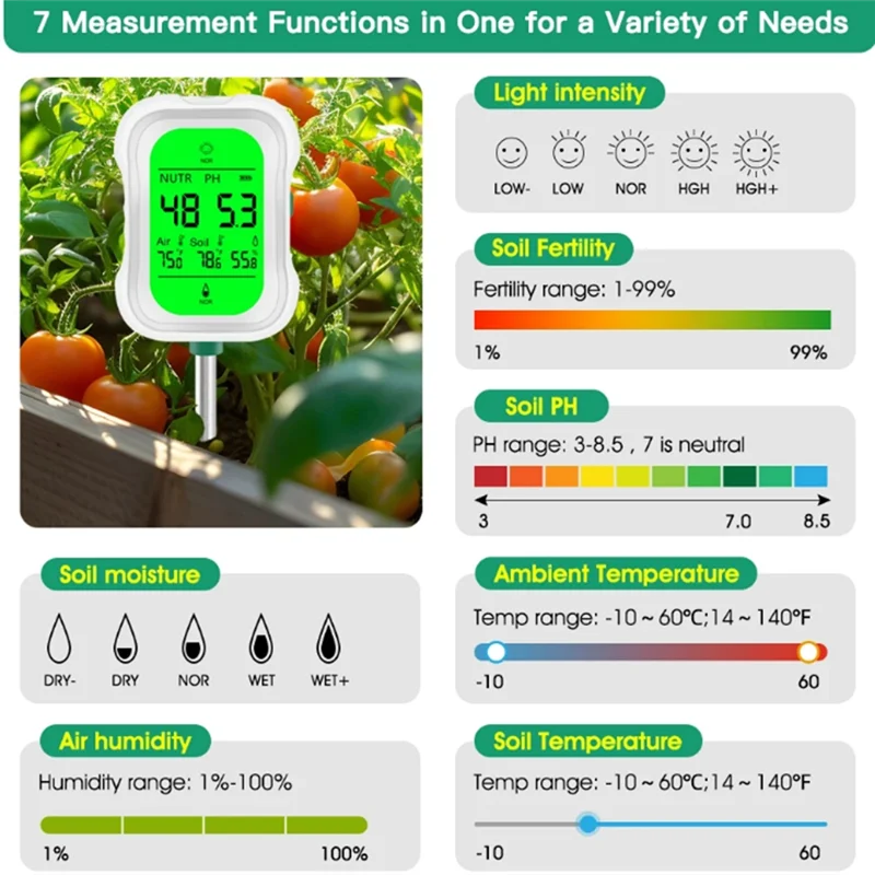 B48A 7 In 1 Soil PH Meter Soil Moisture Temp Meter Soil PH Fertility Humidity Temp Tester For Garden Farm Soil Analyzer
