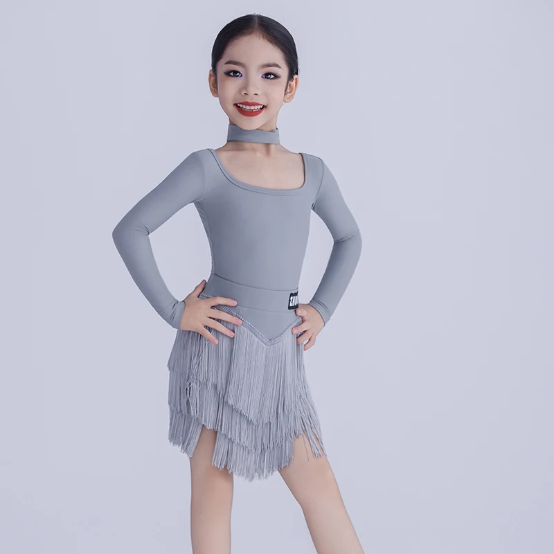 Meninas mangas compridas dança latina franjas vestido ternos crianças roupas de dança profissional desempenho dança wear sl14346