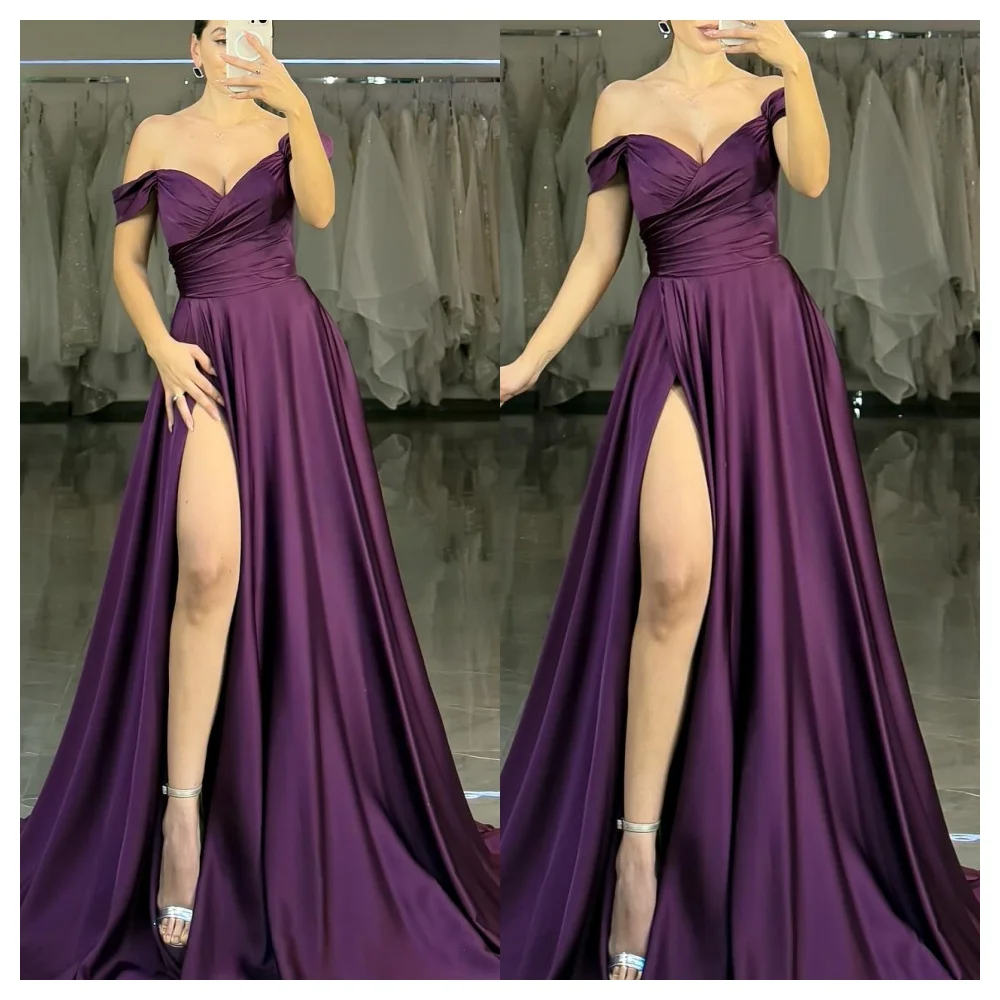 

CustomizedCustomized Graceful Purple Satin Evening Dress Formal Boat Neck Off the Shoulder Sleeveless Prom Dress Classic Celebri