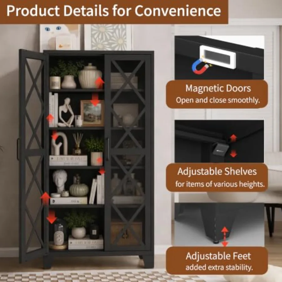 71 H Glass Display Cabinet for farmhouse use, metal construction, black finish, adjustable shelves and vintage-style hardware view 3