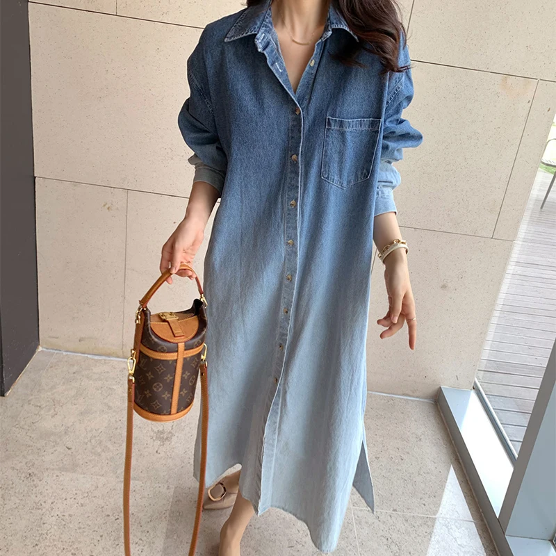 Spot South Korea chic autumn small design feeling lapel single-breasted bump color washed denim dress is female