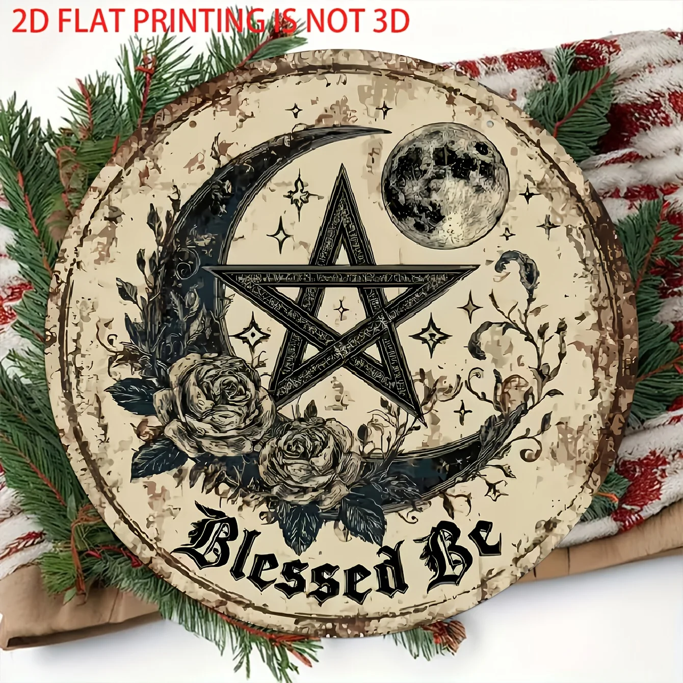 2D Flat - Decorative Sign And Plague - 1pc - Moon, Star, Rose Pattern Round Wooden Sign, Suitable for Home, Living Room, Garden
