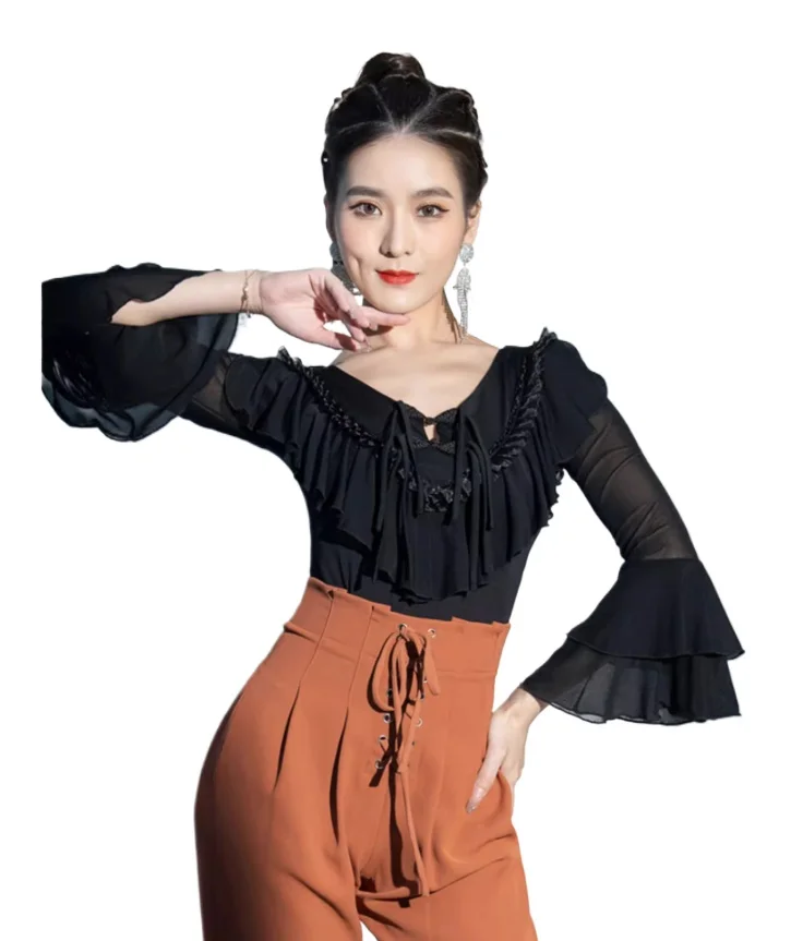 Ballroom Dance V-Neck Ruffle One-piece Latin Girls Dance Long Sleeve Modern Dancing Blouse Ballroom Dancing Waltz Horn Jumpsuit