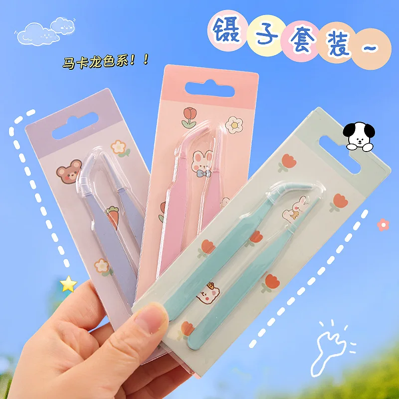 JCAC 2-Piece Stainless Steel Tweezers Set, Macaron Colors, Straight & Curved Tips, for Journal DIY, Sticker Crafts & Eyelash