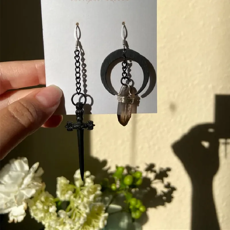 Gothic Smokey Quartz Crystal Moon and Sword Asymmetric Dangle Earrings Celestial Statement Handmade Jewelry Women Gift