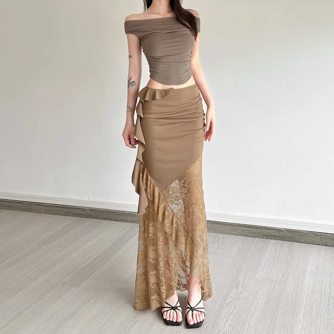 Slimming Effect Asymmetric Lace Splicing Half-length Skirt Versatile Summer New Arrival Women's Fashion Cross-border Style