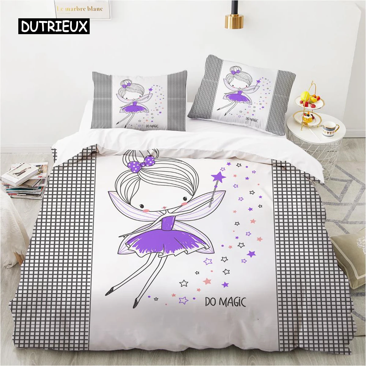 

Girl Duvet Cover Set King Full Size Purple Fairy Casting Magic Twin Bedding Set Microfiber Cartoon Style Girly Theme Quilt Cover