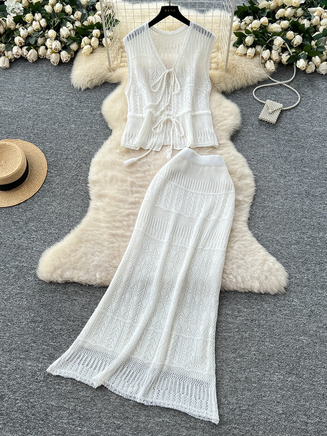 Conjunto de falda ajustada de cintura alta para mujer, Top de punto calado sin mangas con nudo atado, moda informal de ve...