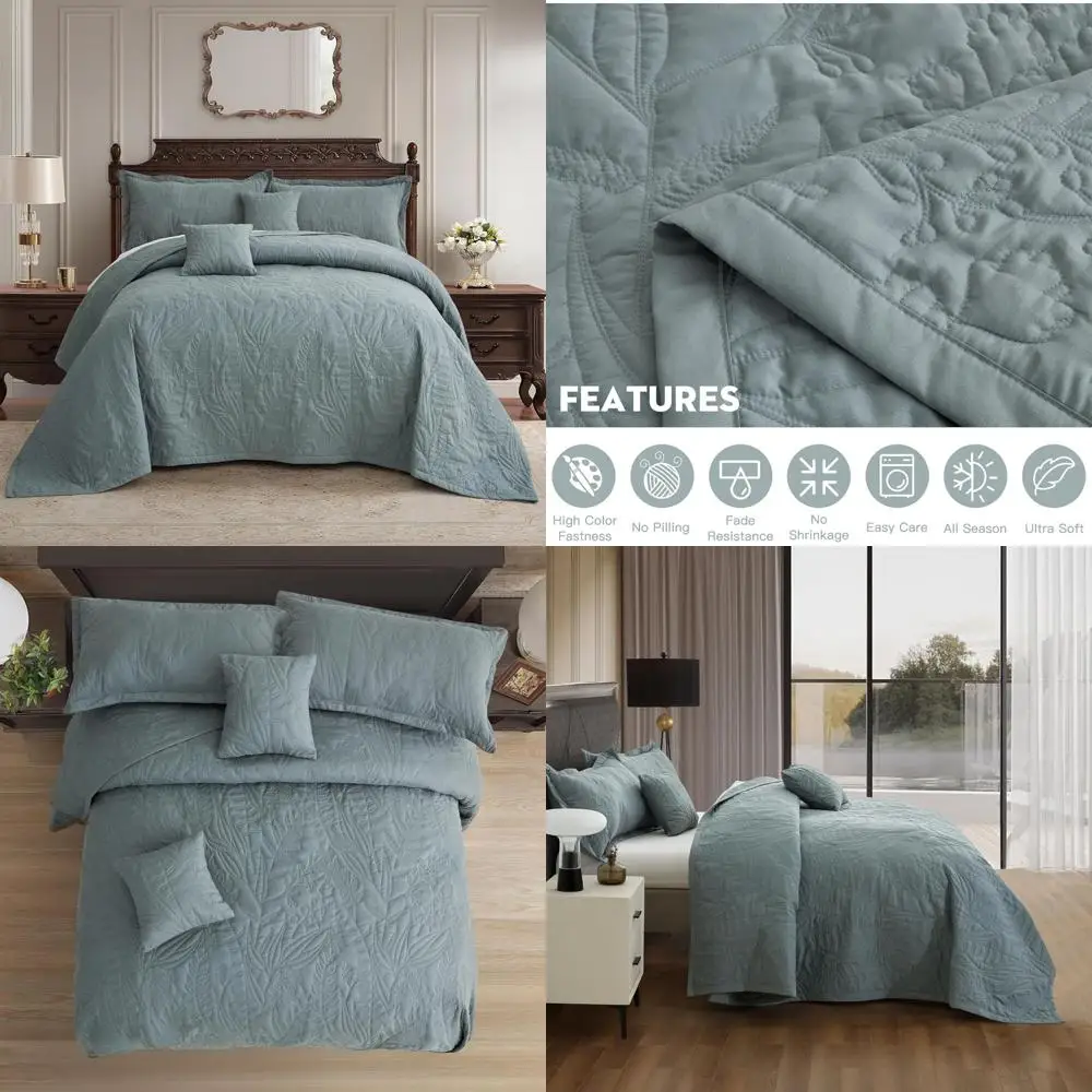 

Elegant Oversized King Bedspread 128x120 Inches, Extra Wide Leaves Pattern Quilt Set, Fresh Style Bedding