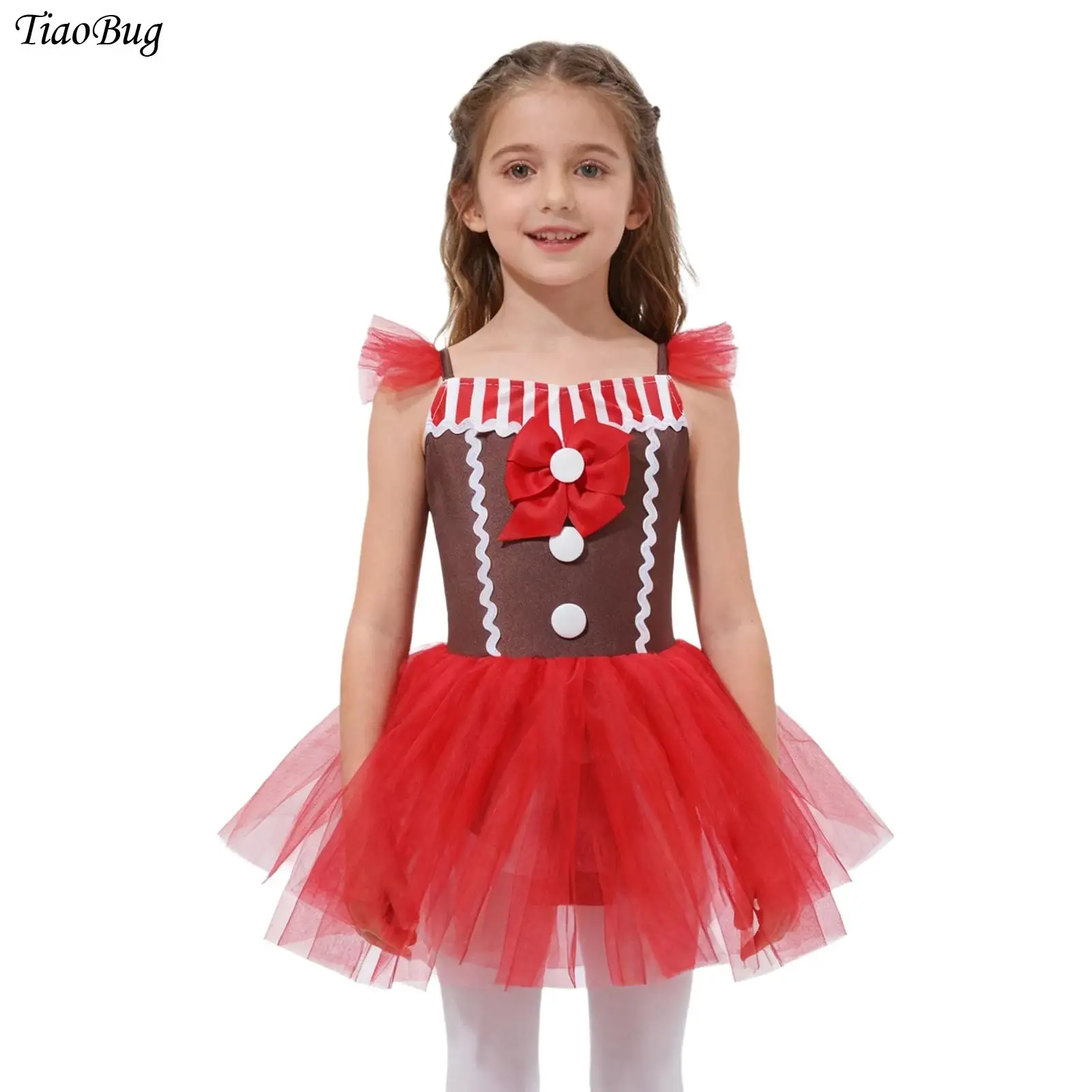 الفتيات سانتا كلوز عيد الميلاد الزنجبيل رجل زي قصب الحلوى شريط Bowknot الباليه توتو يوتار أكمام التزلج بذلة