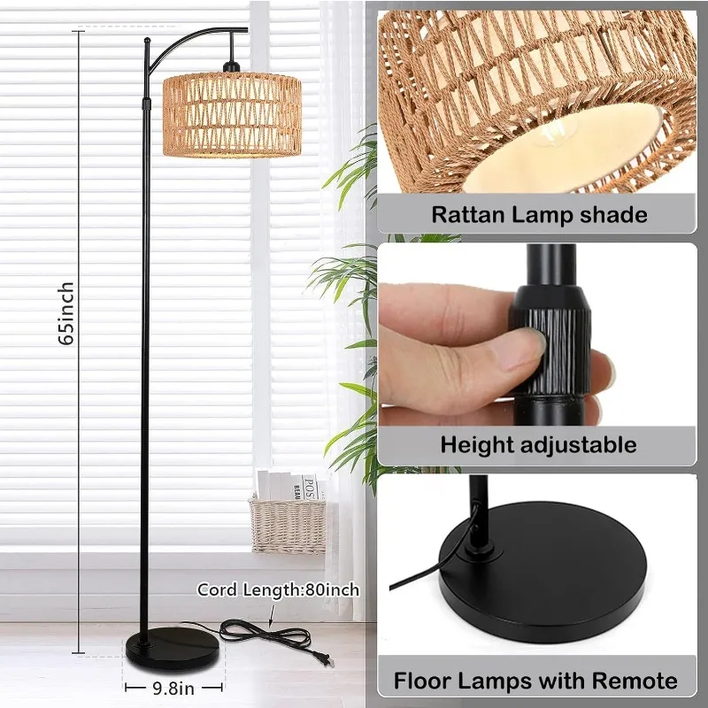 Vloerlamp Voor Woonkamer Slaapkamer Rotan Boho Arc Staande Lamp Met Afstandsbediening Dimbare Zwarte Rieten Bamboe Lamp Schaduwvloer