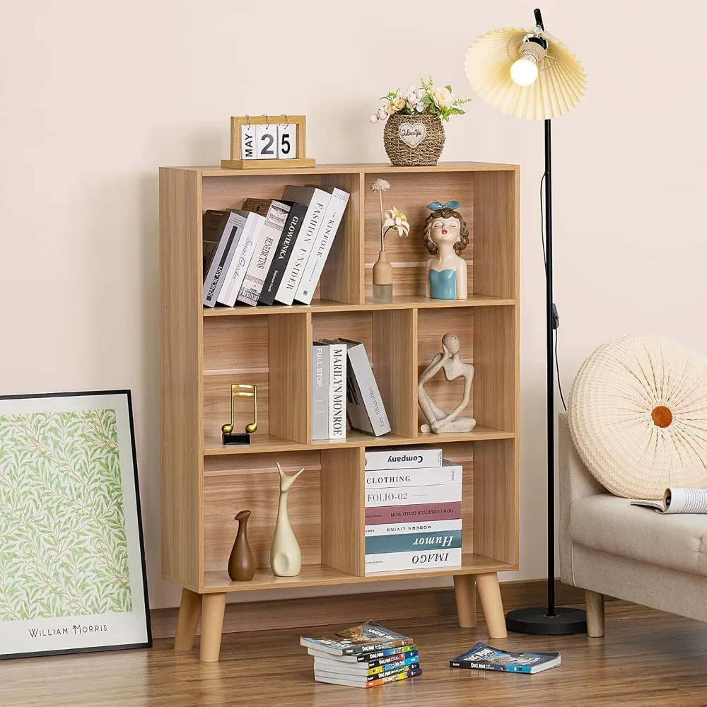 LEYAOYAO-Étagère à livres en bois naturel à 3 niveaux avec pieds, bibliothèque Boho, étagère de rangement ouverte moderne, 7 cubes