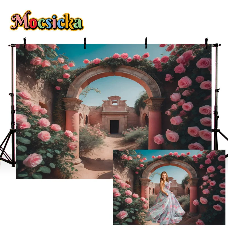 Mocsicka Happy Valentine's Day Decor Background Arch Rose Flower Wedding Couple Portrait Photography Banner Studio Props