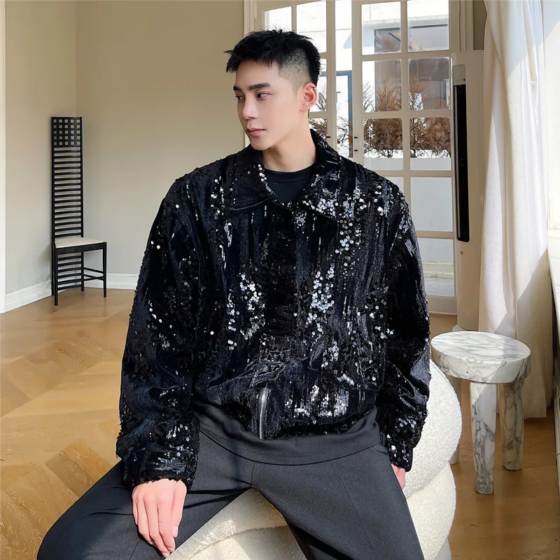 Autumn Sequin Decorative Jacket for Men Short Casual Social Streetwear Lapel Bomber Jacket Men Loose Stage Performance Costumes