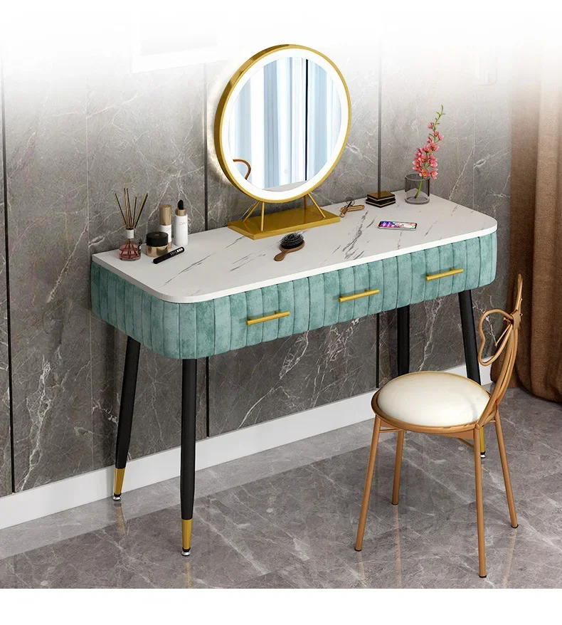 Dressing Table Fashion Bedroom Mirror Furniture Vanity Table Marble Desktop Dresser Bedroom Makeup Chair Set with LED Mirror