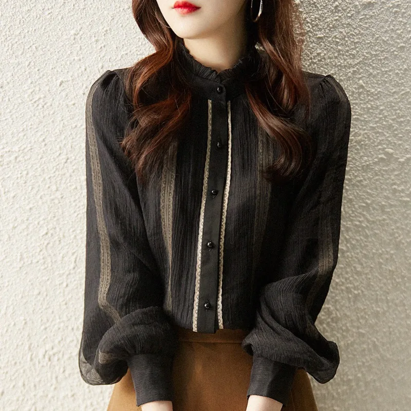 Autumn Clothes Standing Collar Patchwork Lace Button Blouse Gauze Single Breasted Fashion Casual Lantern Long Sleeve Women Shirt