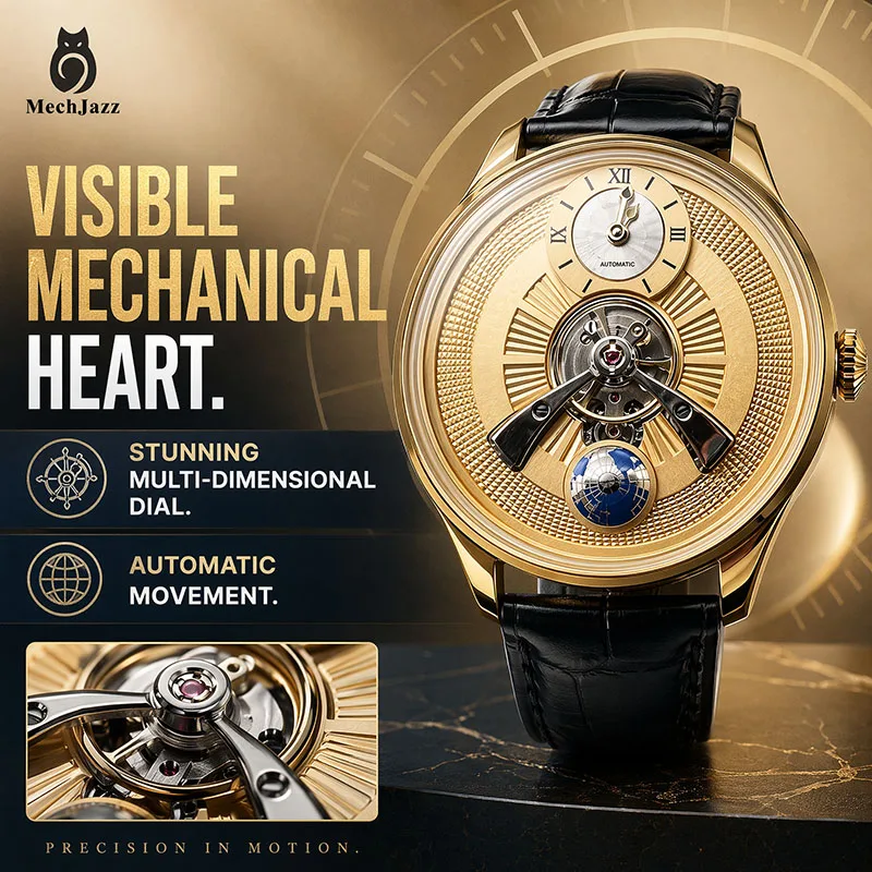 MechJazz Mittelgroßes Schwungrad Automatische Mechanische Uhr Goldgehäuse Skelett-Uhrwerk Echtes Lederarmband Business Dress Armbanduhr