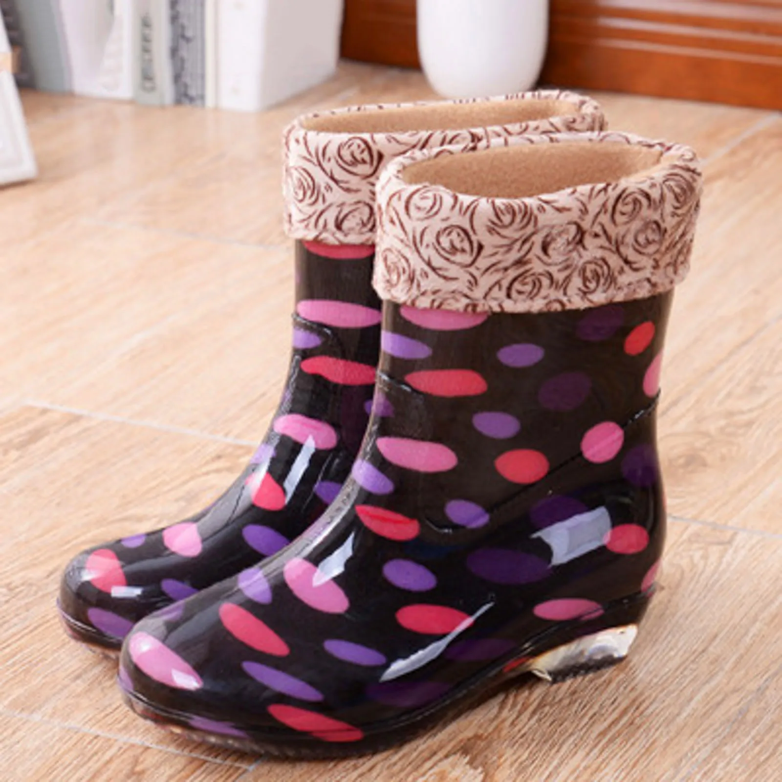 Ladies Mid Calf Rain Shoes Outside Crystal Transparent Printed Padded Removable Cotton Cover Non Slip Mens Fleece Lined Boots