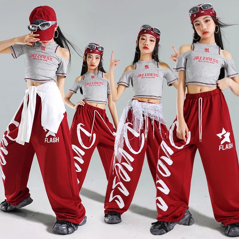

Girls Hip Hop Goth Crop Tshirt Loose Sport Jogger Pants Children K-pop Cool Girl Group Clothes Set Kids Streetwear Jazz Costume