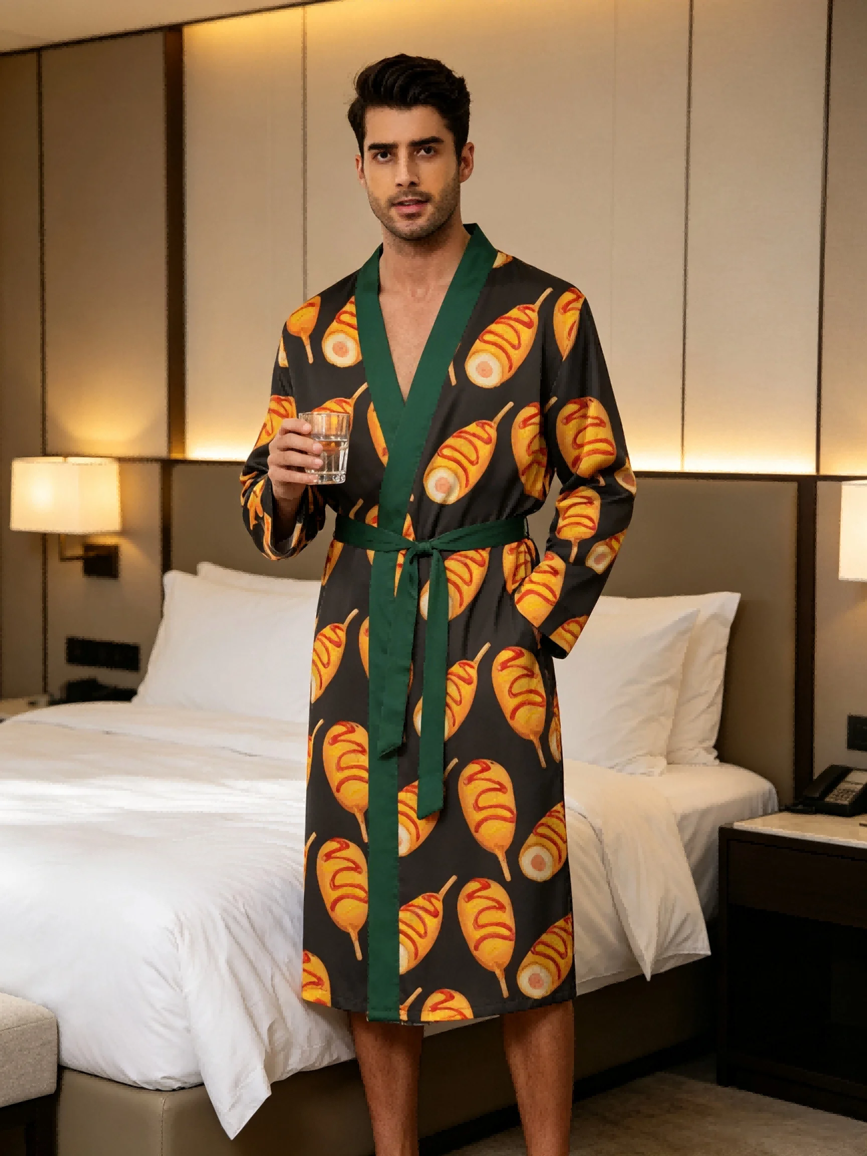 Men's lightweight quick-drying pajama bathrobe - 3D digital printing, non-fading design, stand-up collar and adjustable waistban