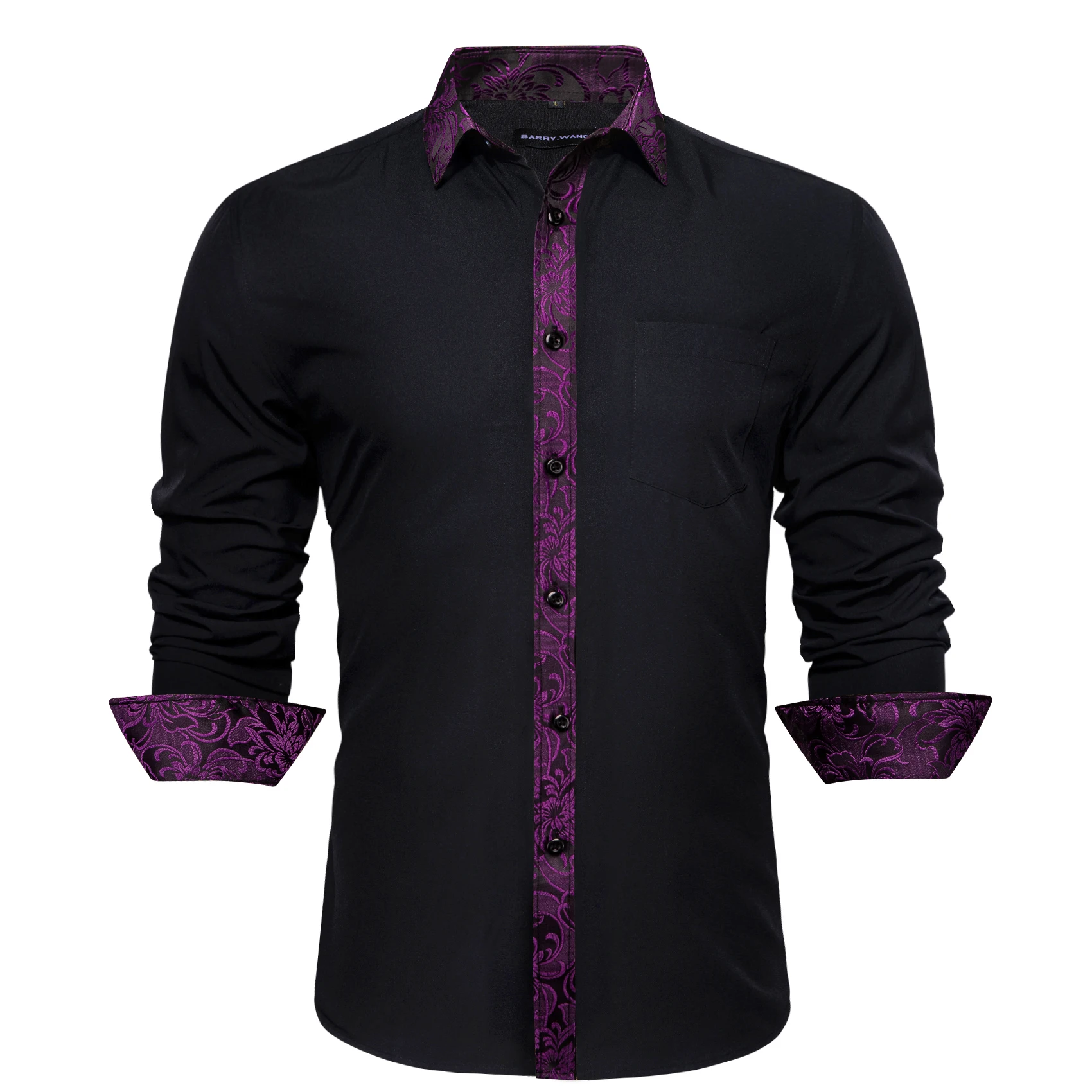 Designer Shirts for Men Silk Long Sleeve Black Patch Purple Flower Spring Autumn Slim Fit Male Blouses Casual Tops Barry Wang