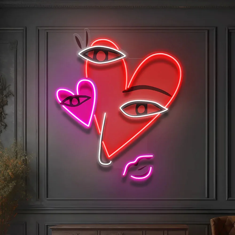 Abstract Face With Hearts Neon Sign for Wall Decor UV Print Neon Pop Art Wall Decor Home Bar Beauty Salon Decor Birthday Gift