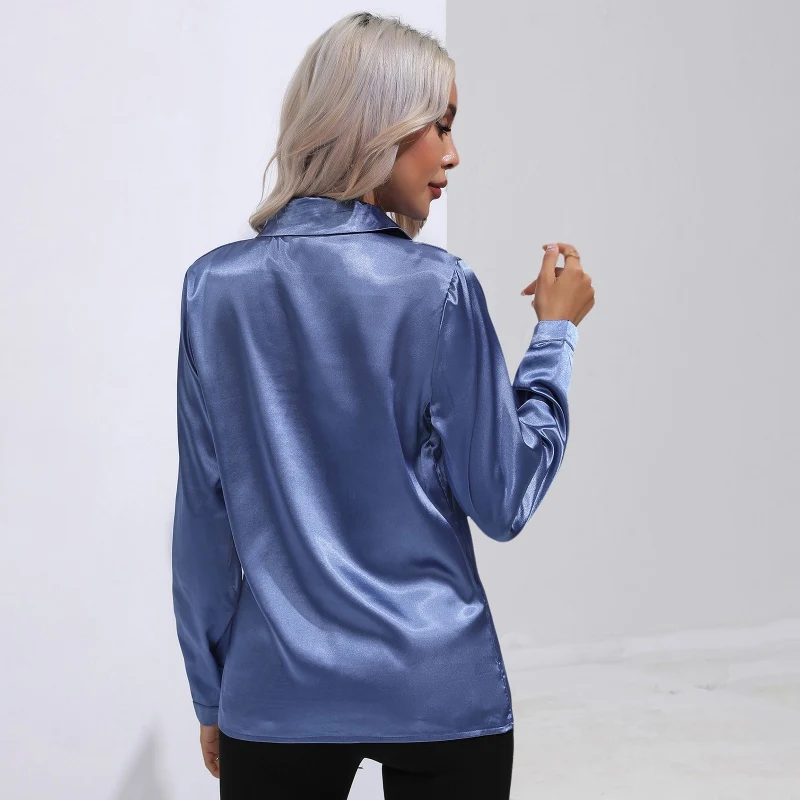 Womens Long Sleeve Button Down Satin Shirts Work Business Casual Blouses Tops