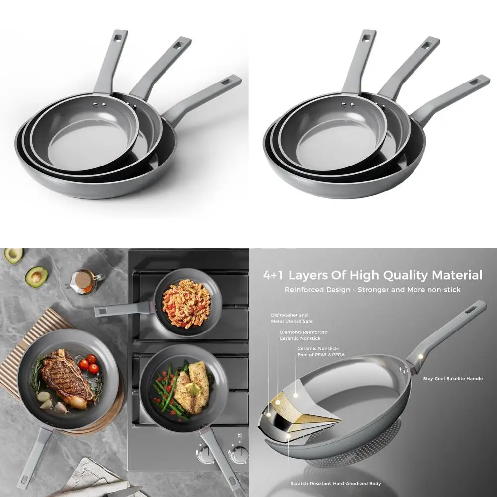 

3-Piece Ceramic Non-Toxic Frying Pan Set, 8, 10, 12, Induction Ready, Dishwasher Safe, Gray