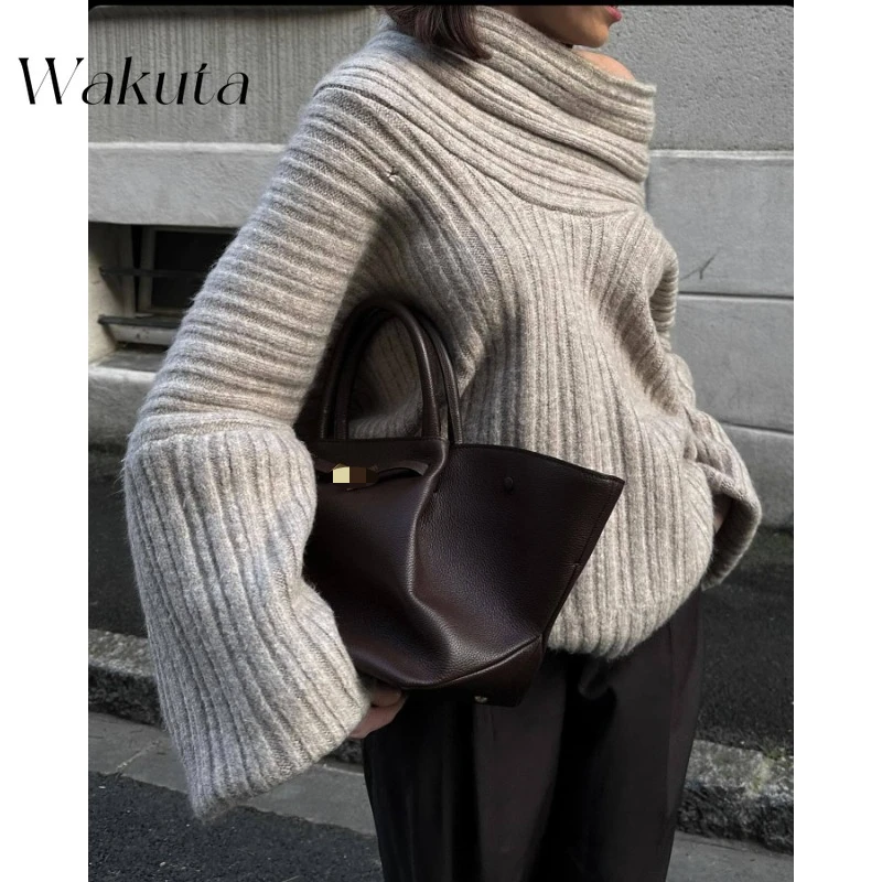 WAKUTA Retro One-line Collar Strapless Knit Irregular Loose Knit Sweaters Fall Long-sleeved Oversized Pullovers Свитер Женский