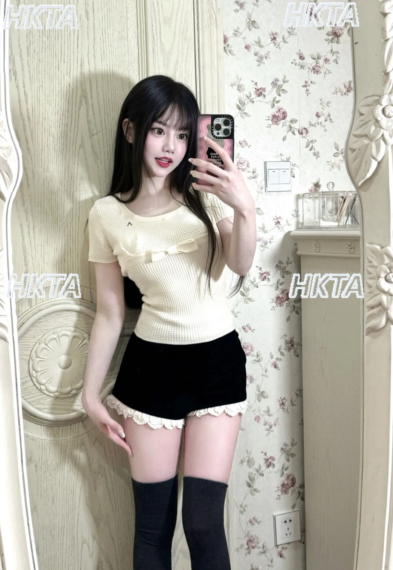 Japanese Style Square Neck Short T-shirt Waffle Grids Bow Waist Slimming Bottom Short Sleeve Top Women's New Summer T Shirt