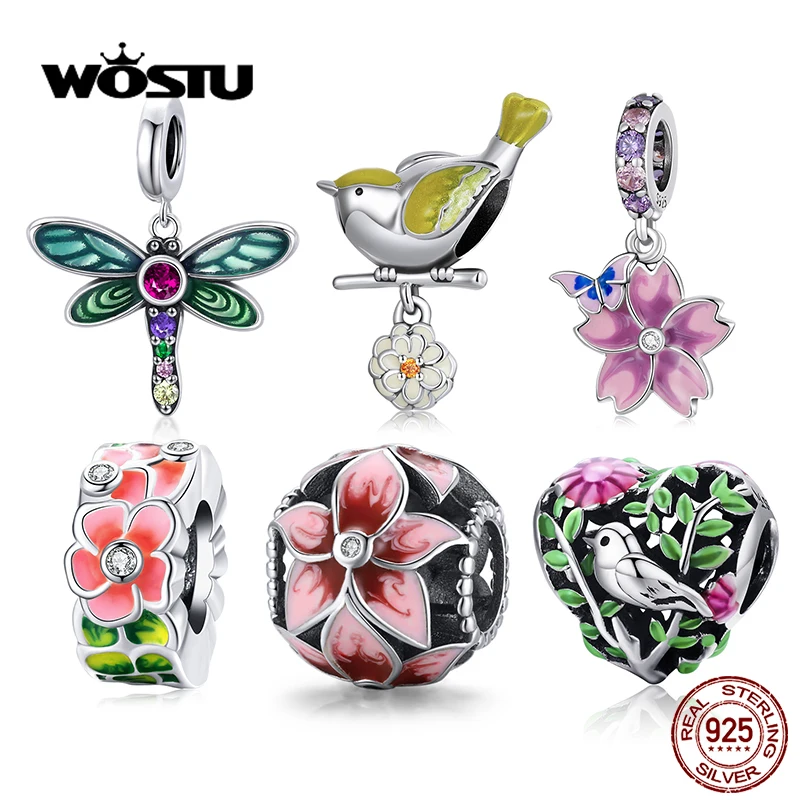 WOSTU Fashion Spring Series Charms Beads Real 925 Sterling Silver Flower Bird Pendent Fit Original DIY Bracelet Necklace Jewelry