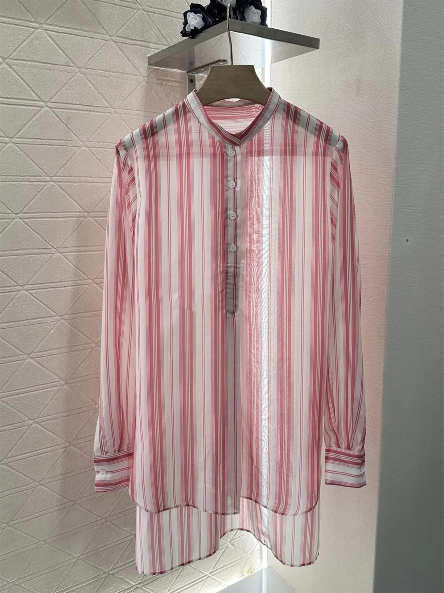 

Designer Brand Cotton Striped Stand Collar Long Sleeve Mid-length Blouse Vintage Elegant Loose Fit Female Clothes