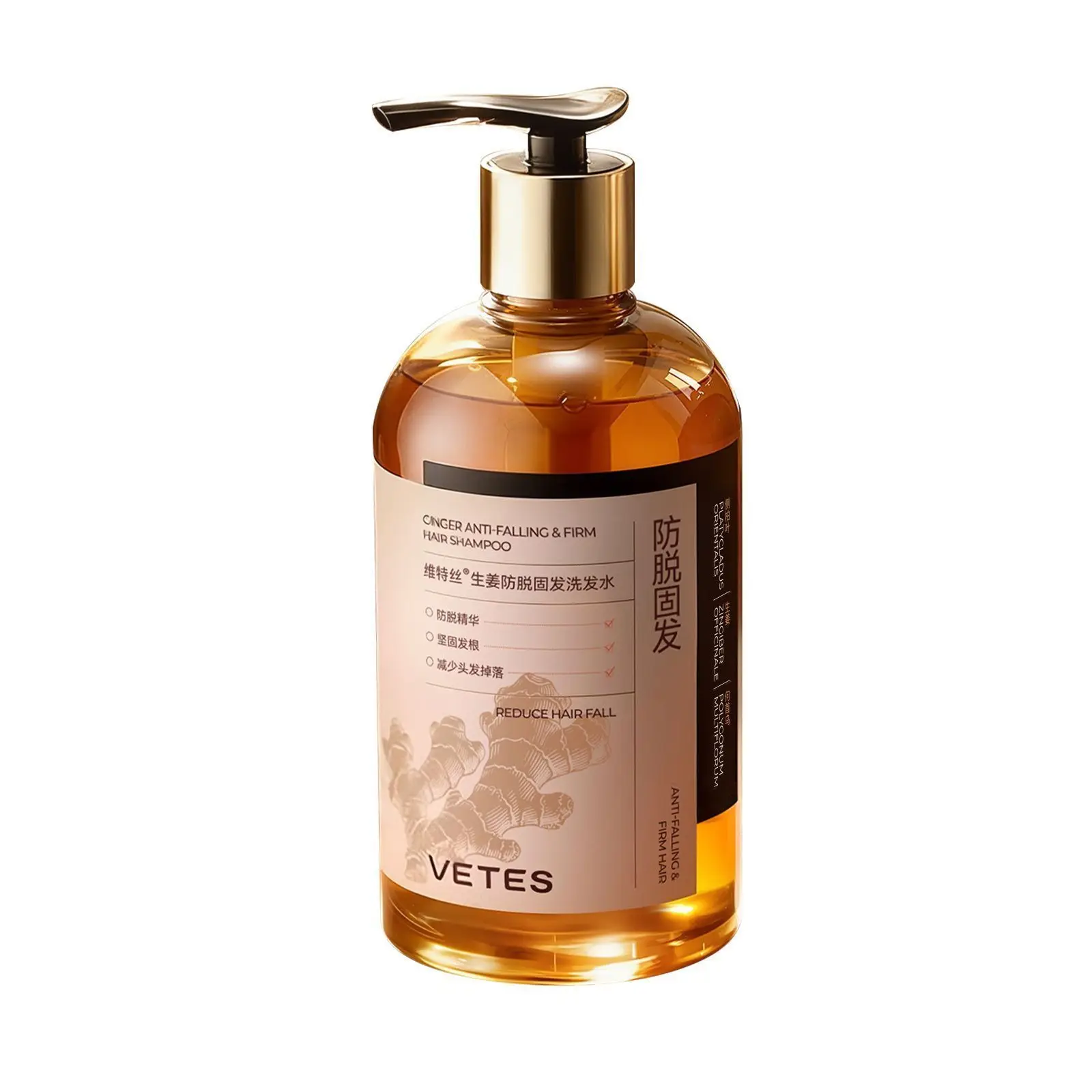 VETES Ginger Shampoo 500ml, Scalp Nourishing Oil Control Volumizing Strengthen Roots Anti Breakage for Men Women