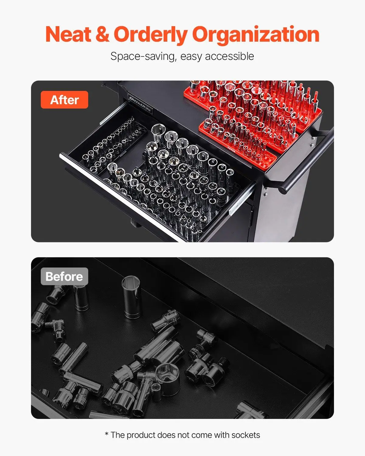 Organisateur de douilles compactes à tige haute, plateau à 176 fentes pour outils métriques et SAE, noir et rouge, 8 pièces