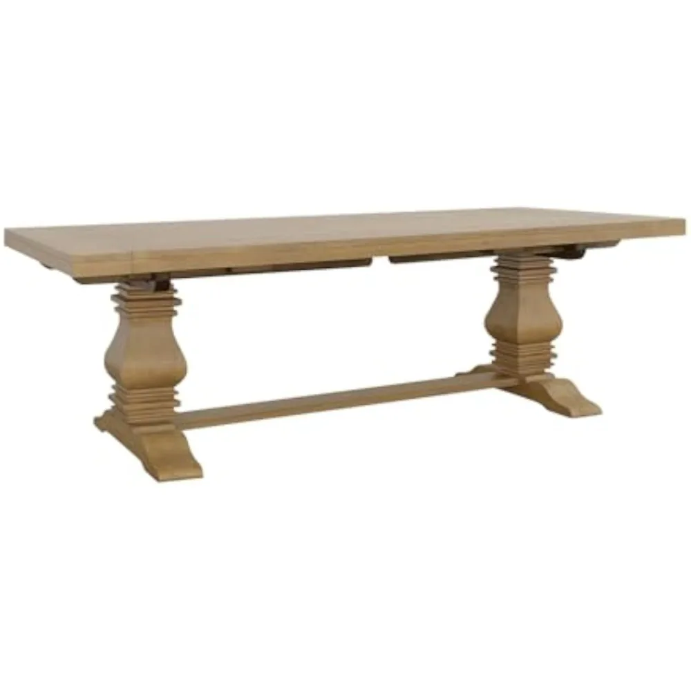 

Florence Traditional Farmhouse Rectuangular 126-inch Double Pedestal Planked Wood Top Extension Leaf Dining Table Rustic Smoke