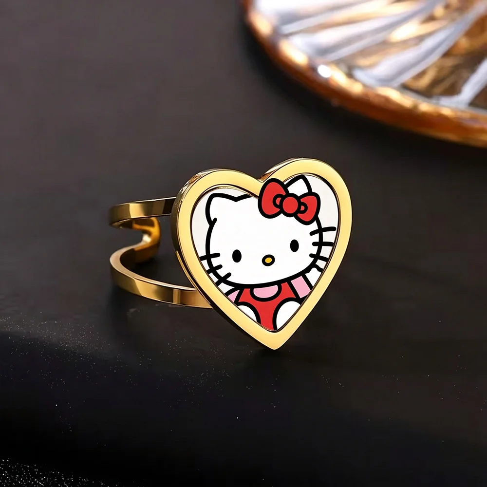 Custom Cute Hello Kitty Cartoon Print Photo Ring Stainless Steel Heart Open Rings For Women Any Sanrio Personalized Jewelry Gift