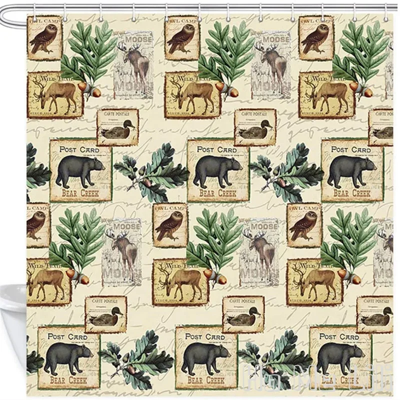 Cortina de ducha rústica, cabina campestre, oso, alce, ciervo, alce, búho, pato, naturaleza, bosque, patrón de animales para Baño