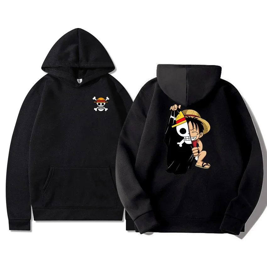 Luffy Print Men Pocket Sweatshirts Versatile Kawaii Anime Clothing Casual Male Fashion Hoodies Comfortable Harajuku Autumn Tops