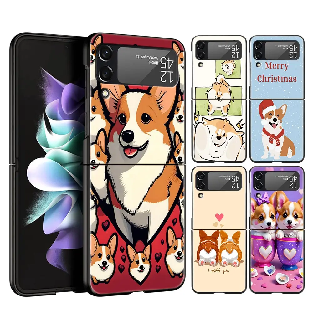Cute Corgi Dog Hard PC Phone Case For Samsung Galaxy Z Flip 7 6 5 4 Black Cover For Galaxy Z Flip 3 Foldable Fundas Shell Capas