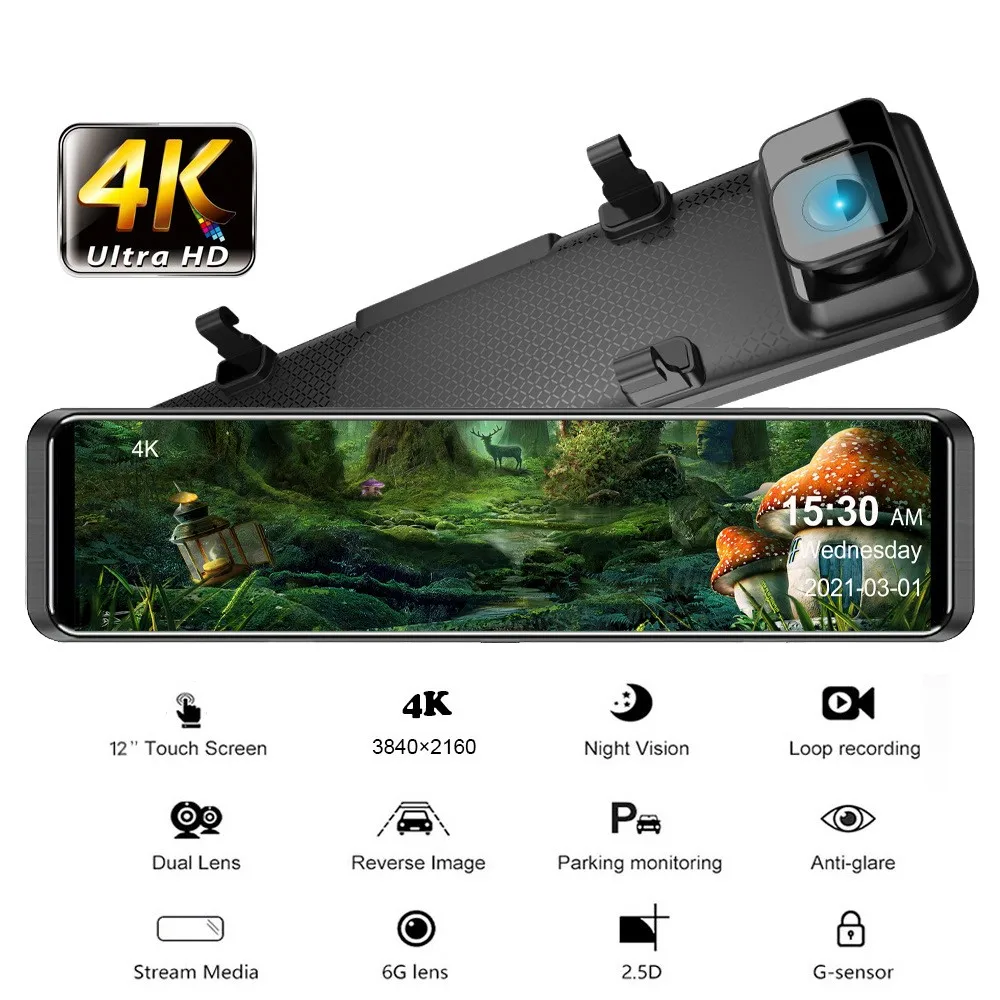 Mirror DVR Black Box Car Dvr Mirror Rearview 4K+1080P WIFI GPS Car Video Recorder Car Rear View Mirror 2-In-1 Dash Cam 12 Inch