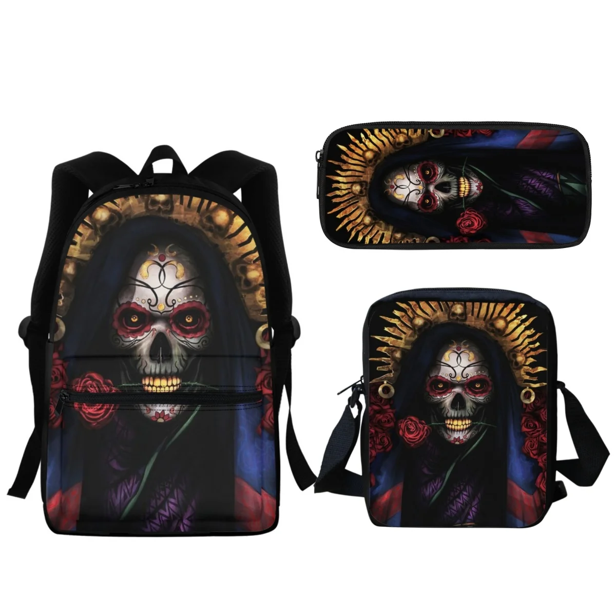 

3PC Cool Boys School Bag Horror Skull Design Kids Zipper Backpack Travel Portable Shoulder Bags Pencil Case Stationery Organizer