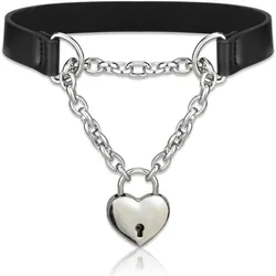 Goth Choker Necklaces for Women, Black Choker and Heart Padlock Day Collar with Key, Black PU Leather Choker Collar for Women